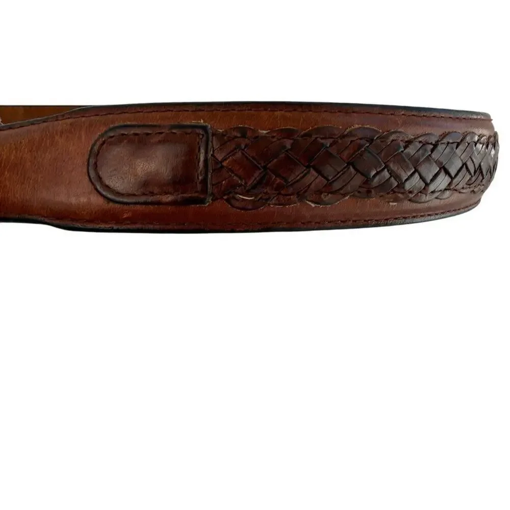 Men's Brown Solid and Inlaid Braid Leather Belt Brass Buckle Vintage? Medium 38